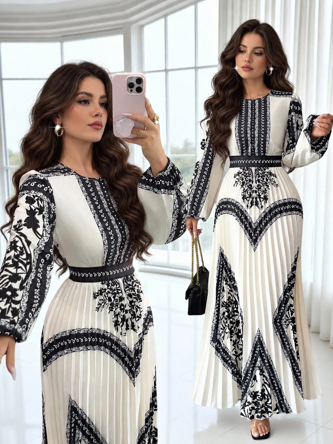 The Floral Pleated Long-Sleeve Dress — Multicolor Floral