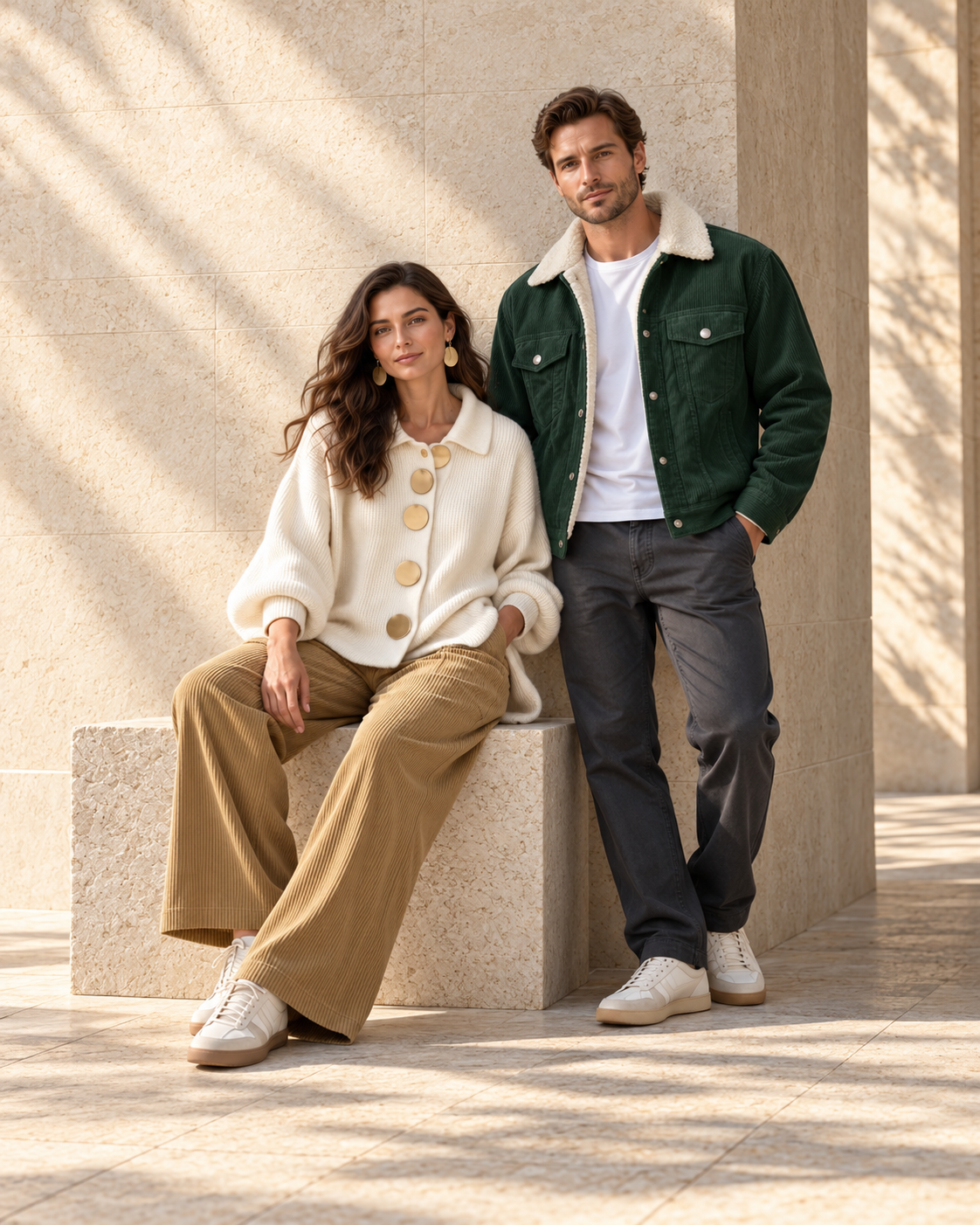 Everyday layers: ivory knitwear, khaki trousers and an olive jacket.