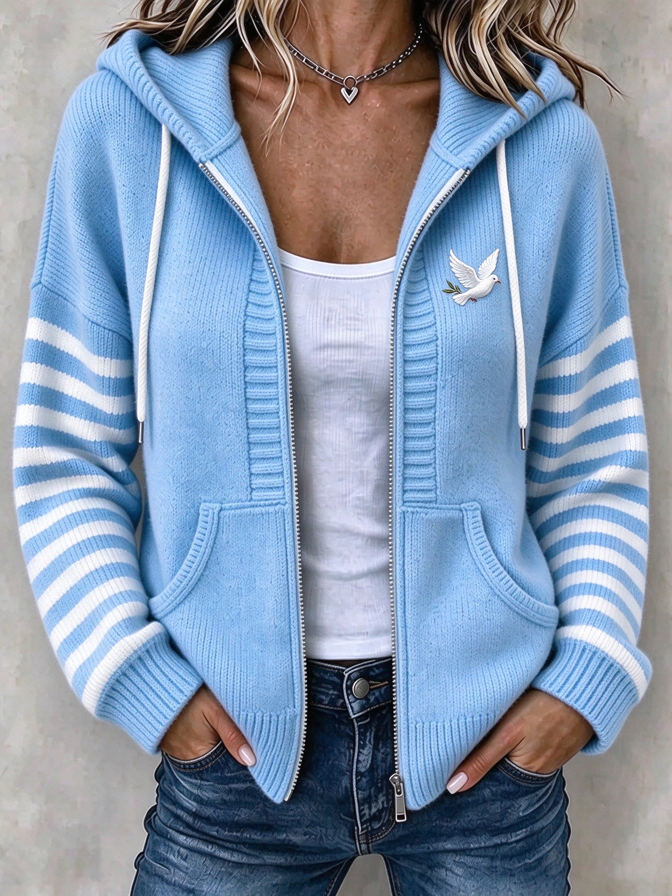Women Striped Long Sleeve Hoodie Casual Spring/Fall Jacket