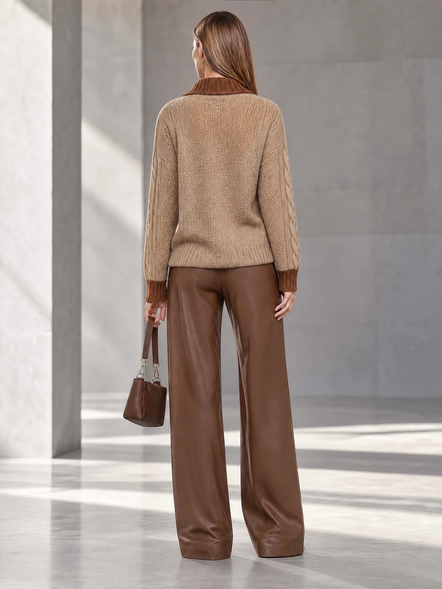 Stylish And Elegant Long-sleeve V-neck Sweater In A Khaki And Brown Color-block Design