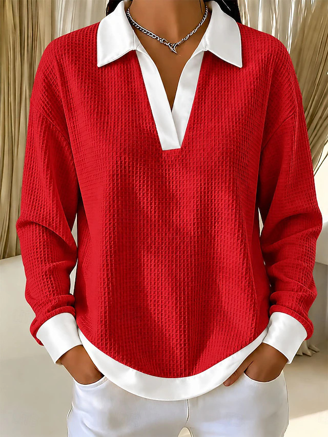 👚 Women's V-Neck Waffle-Knit Contrast Loose-Fit Casual Collared Long-Sleeve Sweatshirt 🤍