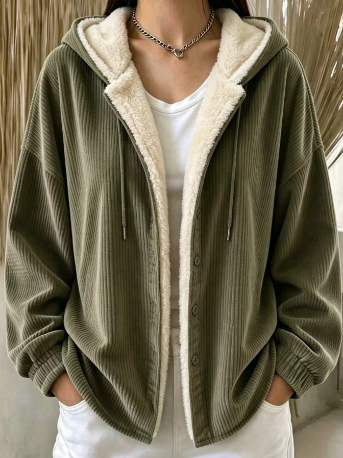 🧥✨ Women's Casual Corduroy Hooded Fleece-Lined Jacket Cardigan 🤎🧸