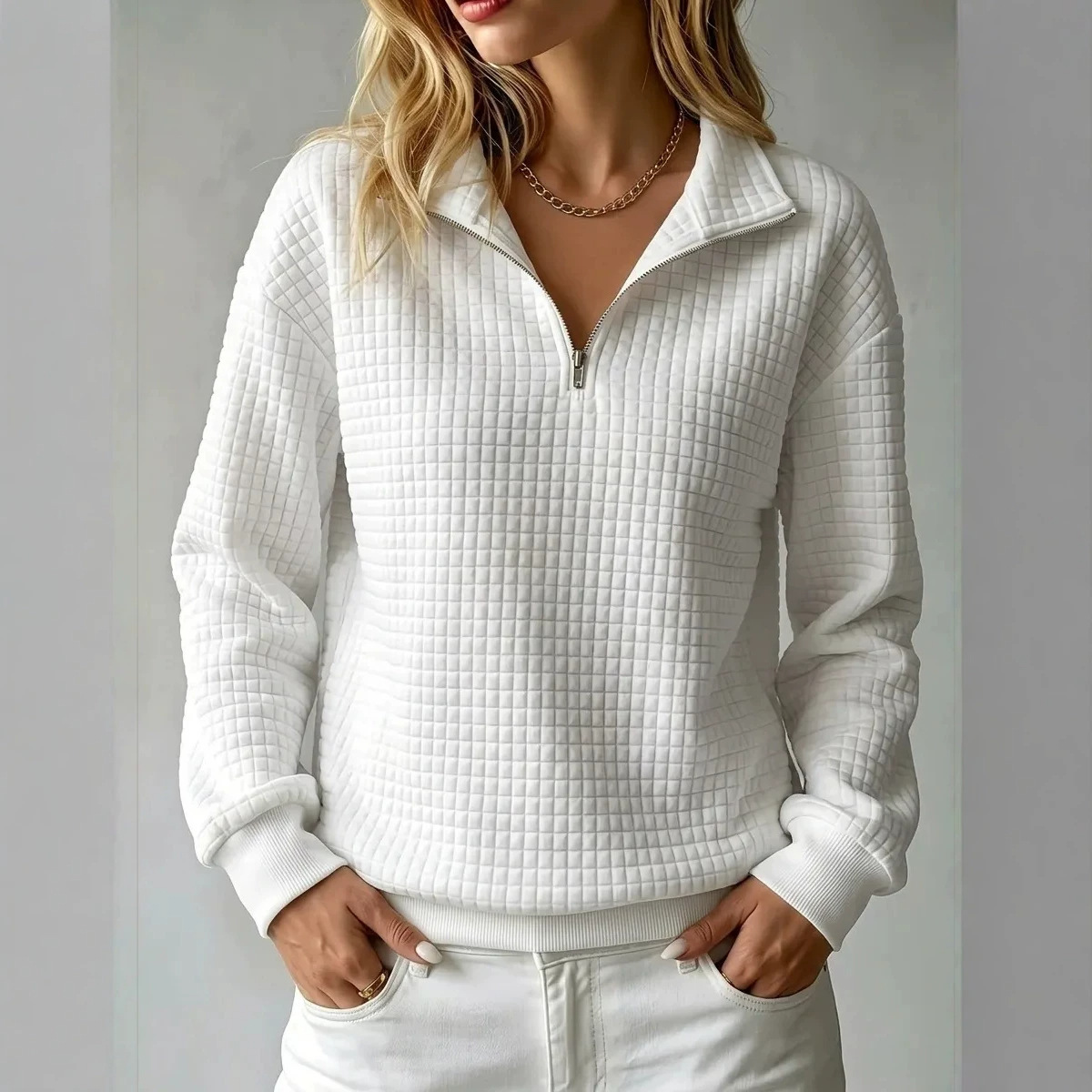 👚✨ Women's Solid Waffle-Knit Stand Collar Zip-Up Long-Sleeve Sweatshirt with Contrast Panel Details 🤍🧥