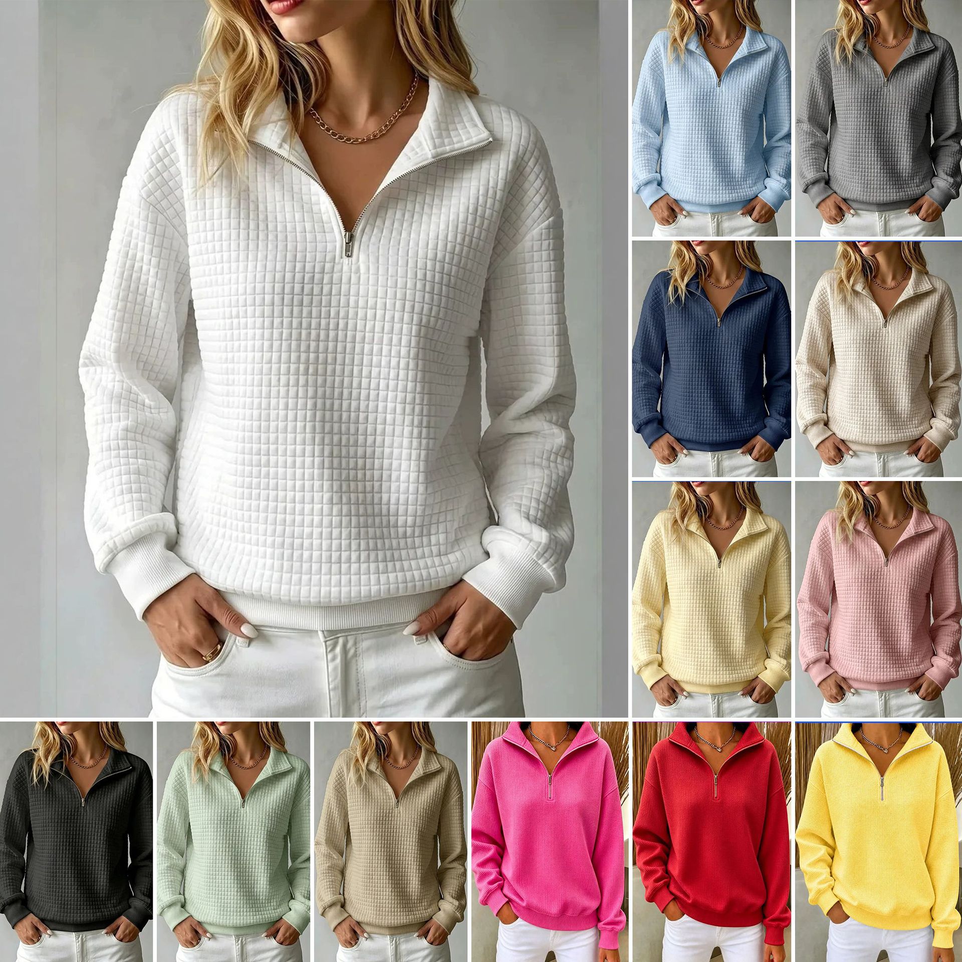 👚✨ Women's Solid Waffle-Knit Stand Collar Zip-Up Long-Sleeve Sweatshirt with Contrast Panel Details 🤍🧥