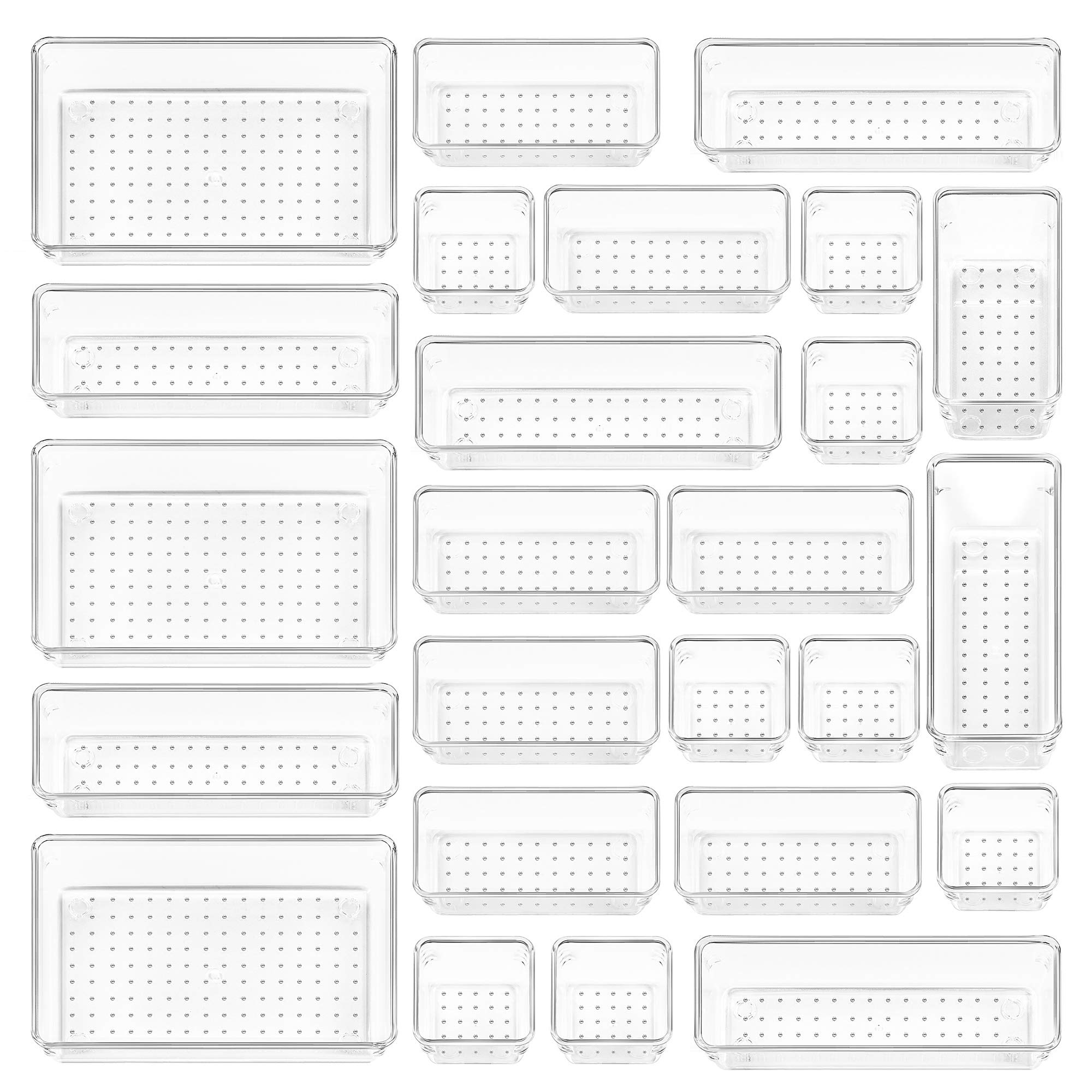25 PCS Clear Plastic Drawer Organizers Set, 4-Size Versatile Bathroom and Vanity Drawer Organizer Trays, Storage Bins for Makeup
