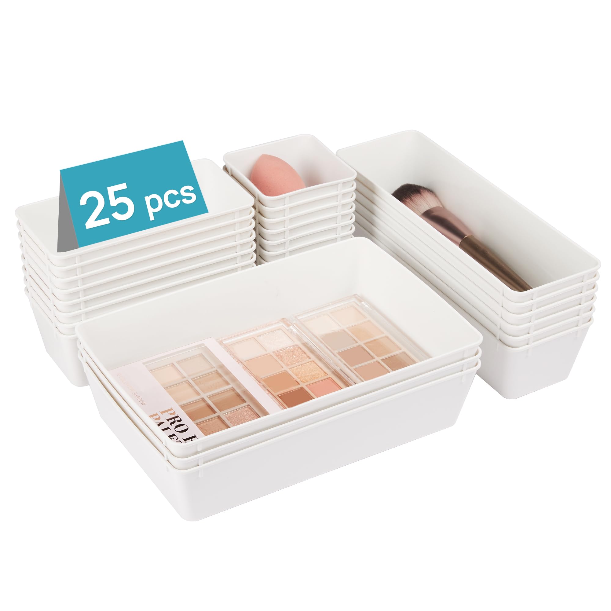 25 PCS Clear Plastic Drawer Organizers Set, 4-Size Versatile Bathroom and Vanity Drawer Organizer Trays, Storage Bins for Makeup