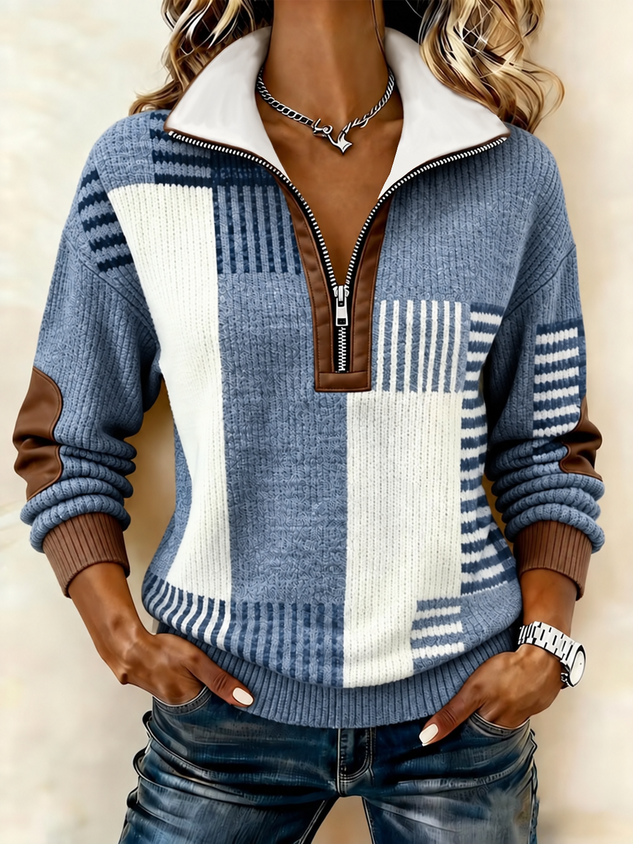 Women‘s Color Block Half Open Collar Casual Spring/Fall Long Sleeve Sweatshirt