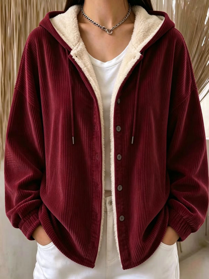 🧥✨ Women's Casual Corduroy Hooded Fleece-Lined Jacket Cardigan 🤎🧸