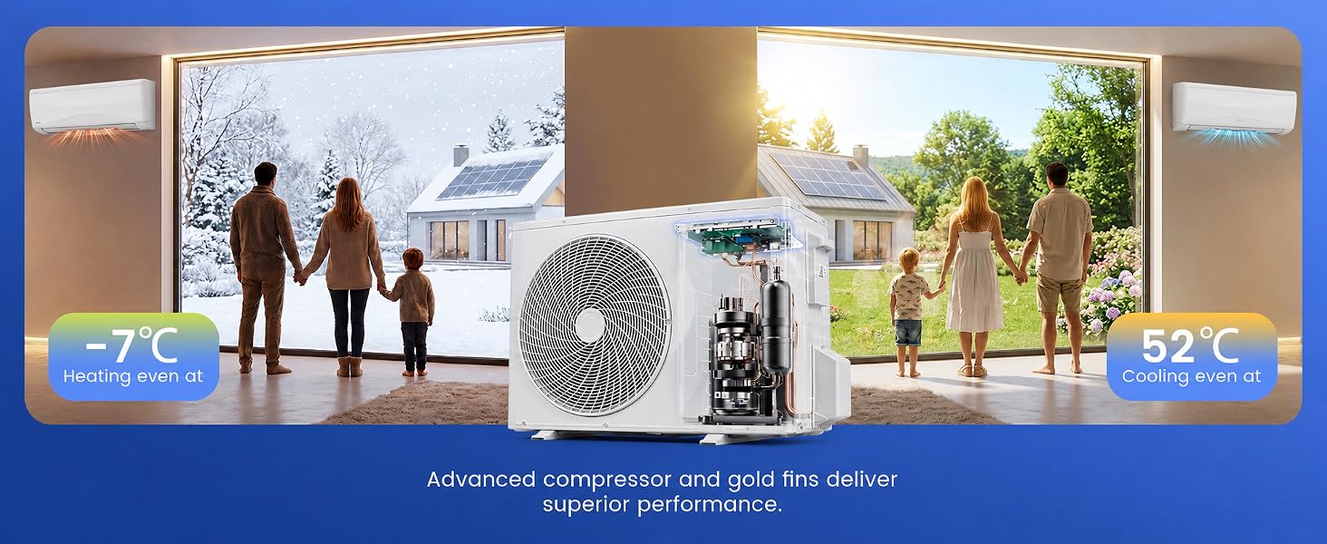 HVAC system promotional banner showing split-screen imagery of heating and cooling systems with climate control graphics, featuring temperature displays and residential indoor-outdoor settings.