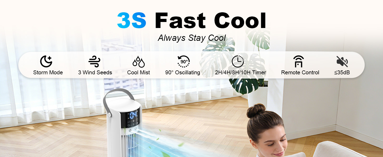 Text reads "3S Fast Cool" and "Always Stay Cool" with feature icons below. Product display showing ceiling fan with cooling capability indicators and multiple feature symbols in bright interior setting.