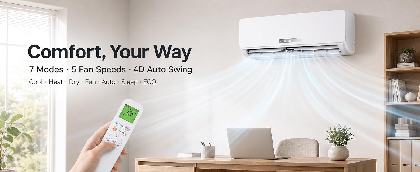 Text reads 'Comfort, Your Way' and '1 Room / 2 Rooms / 3 Rooms / Air Auto-Swing'. Interior room with wall-mounted air conditioning unit, hand holding remote control, potted plants on shelf.
