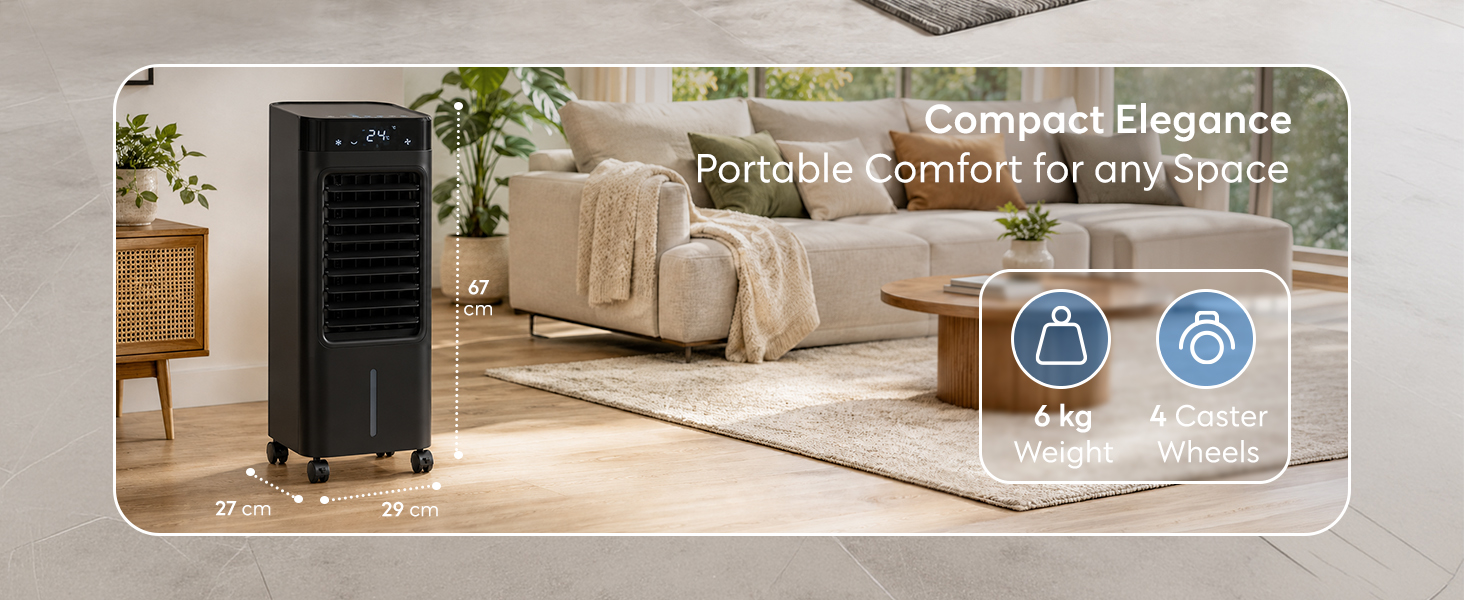 Text reads: 'Compact Elegance Portable Comfort for Any Space'. Image shows black tower-style device in living room with app interface icons, demonstrating portable air quality management appliance.