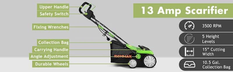 Eletriclife 13Amp Corded Scarifier 15 Inches Electric Lawn Mower with 50L Collection Bag