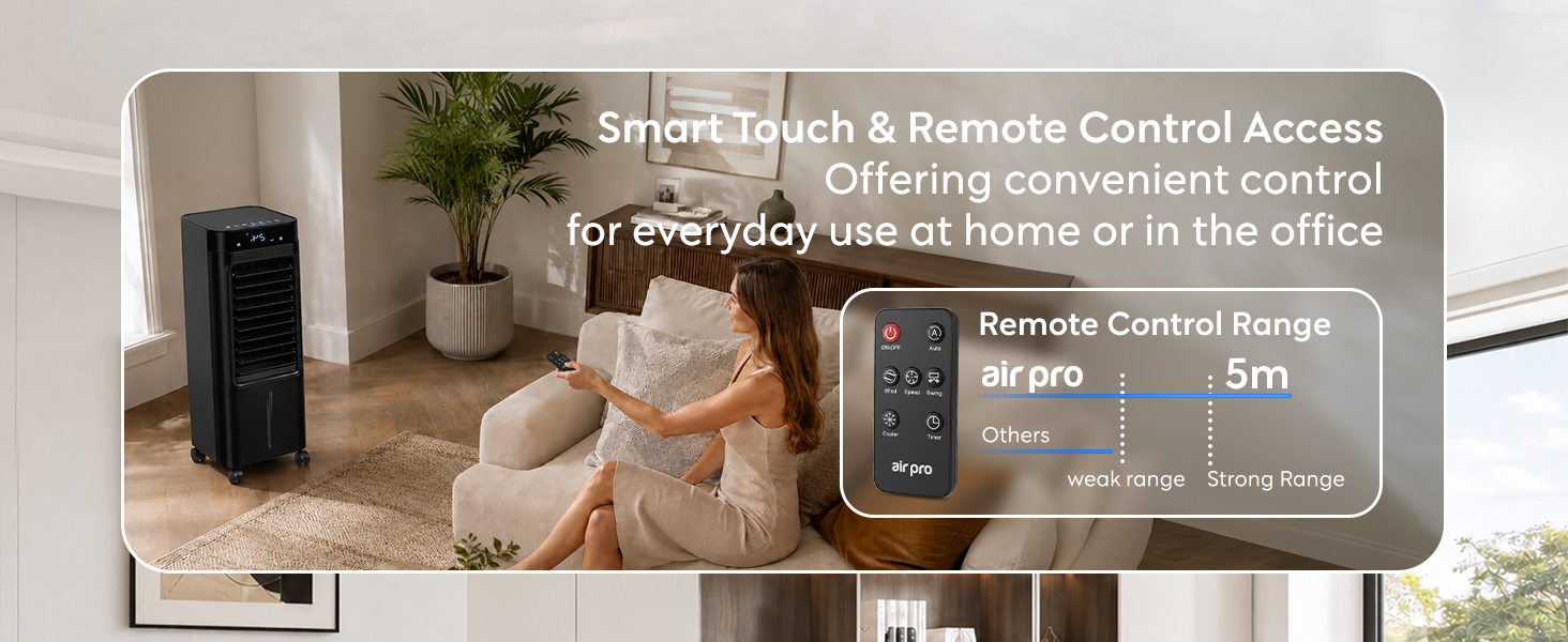 Text reads 'Smart Tech &amp; Remote Control Access', 'Secure your home', 'for everyday ease at home or in the office'. Image shows smart home security device with remote control specifications displayed over residential interior.
