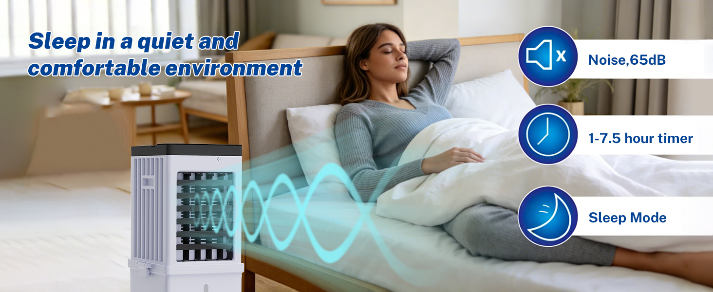 Text reads 'Sleep in a quiet, comfortable environment' with numbered features shown: person sleeping in bed with pillows, icons indicating quiet environment, temperature control, and other comfort specifications.