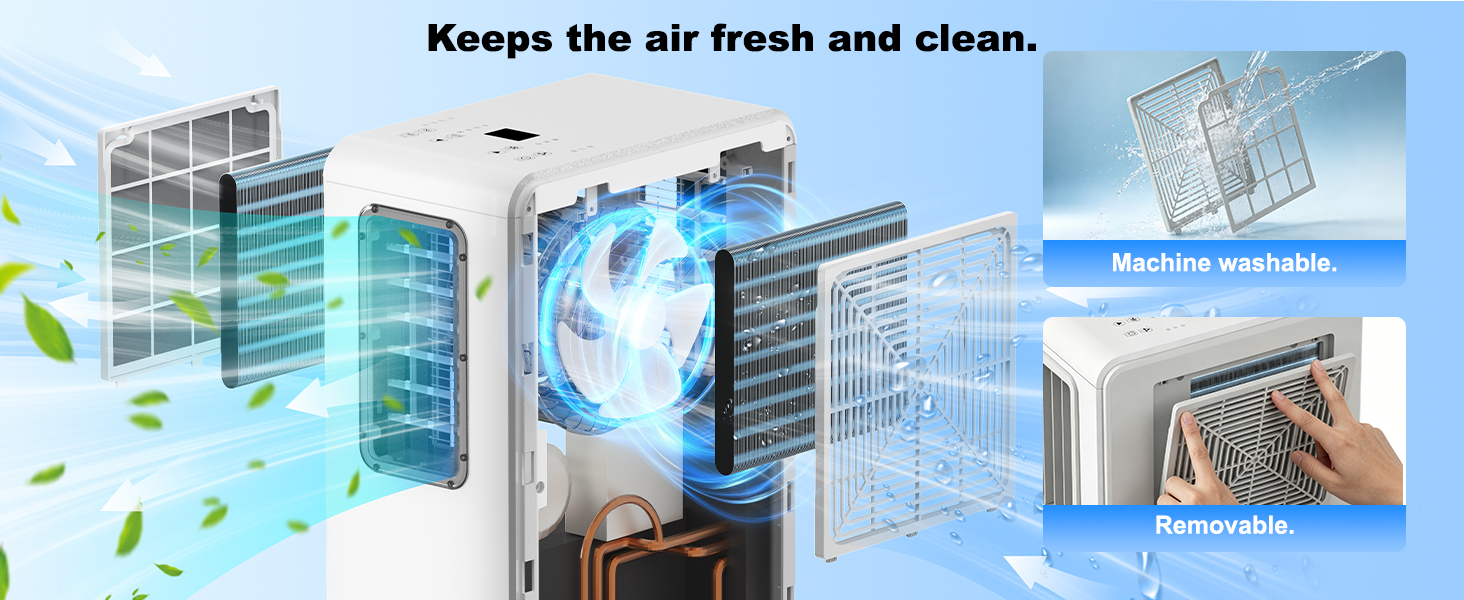 Text reads 'Keeps the air fresh and clean' with 'Machine washable' label. Composite showing urban buildings with air circulation graphics and filter components, demonstrating air purification and maintenance capabilities.