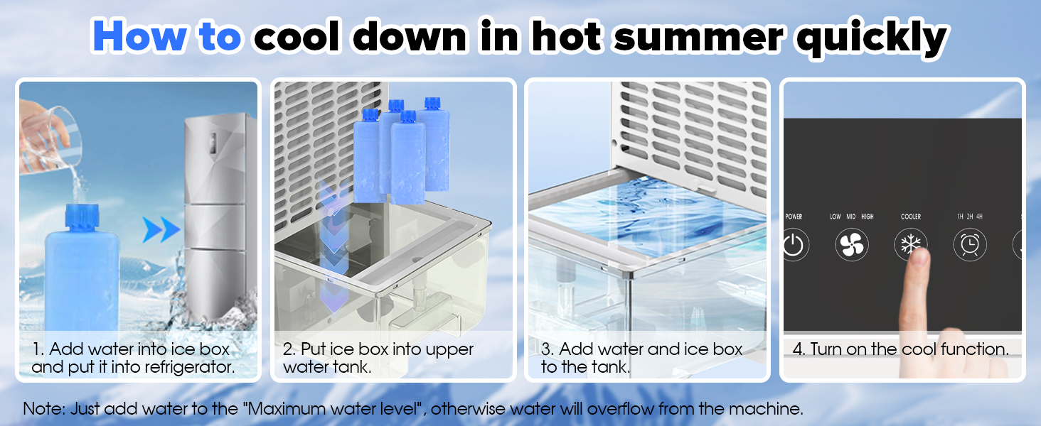 Text reads: 'How to cool down in hot summer quickly'. Four-panel instructional graphic showing steps: aerosol spray cooling, desk mini fan, cooling spray bottle application, and air conditioner temperature control settings.