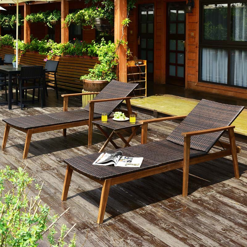 Eletriclife 3 Pcs Patio Wooden Frame Rattan Lounge Chaise Chair Set with Folding Table