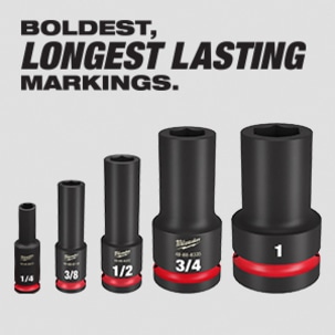 Milwaukee 2855-20 M18 FUEL GEN-3 18V Lithium-Ion Brushless Cordless 1/2 in. Compact Impact Wrench with Friction Ring (Tool-Only) Various sized Milwaukee SHOCKWAVE Impact Duty Sockets Lined up with ink filled stamped sizes showing.