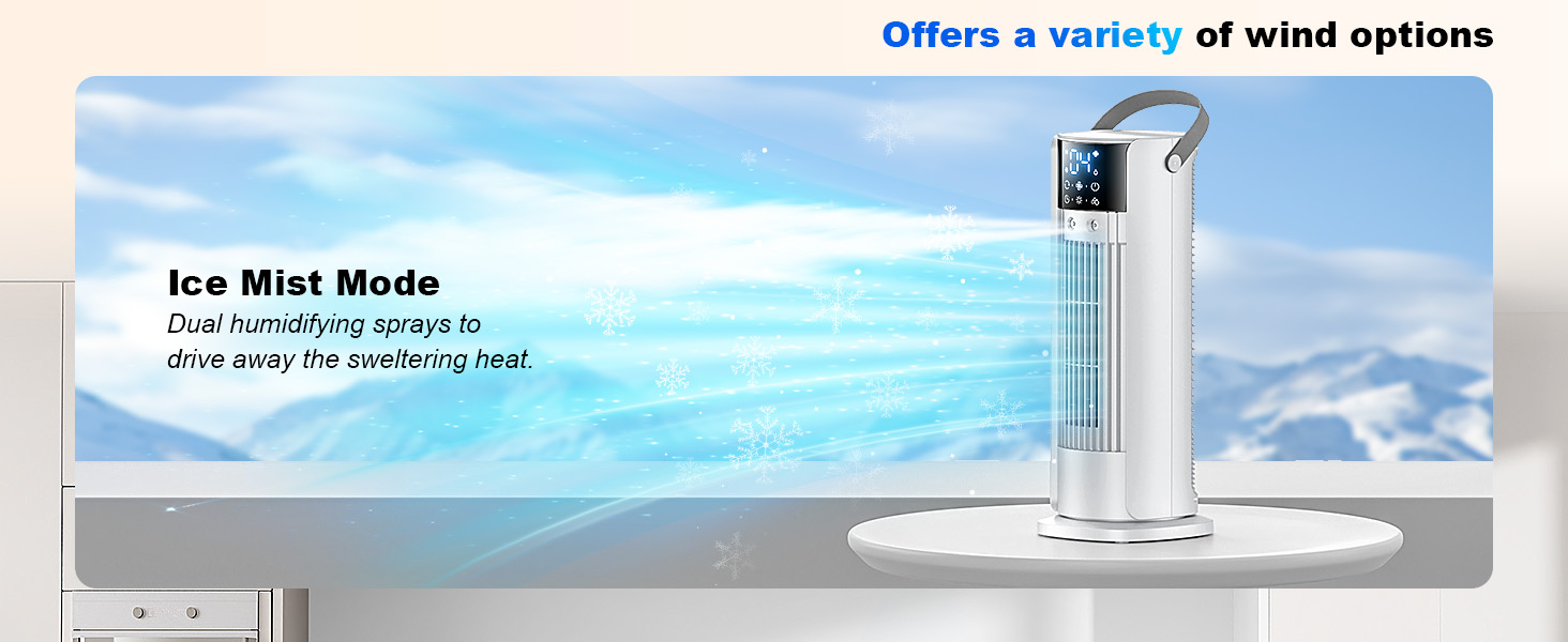 Text reads 'Offers a variety of wind options' and 'Ice Mist Mode'. White tower-shaped air cooling device displayed against beach/ocean background, showing product function for temperature control and ventilation.