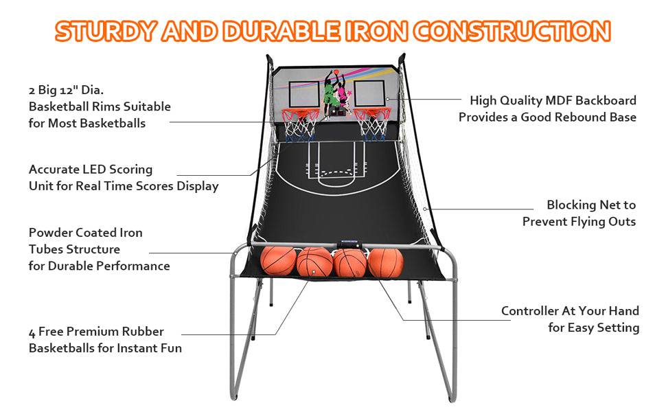 Foldable Indoor Basketball Arcade Game with 4 Balls Electronic Double Shot LED Scoring System for Kids Adults