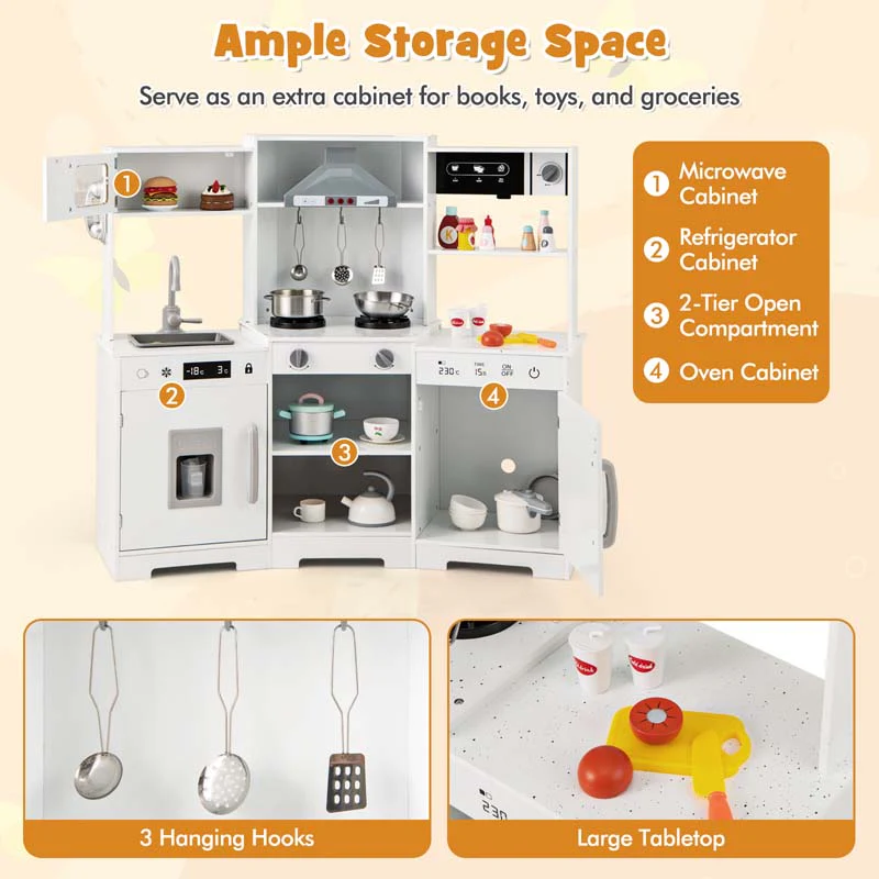 Eletriclife Pretend Play Kitchen Wooden Toy Set with Range Hood Real Sounds and Lights