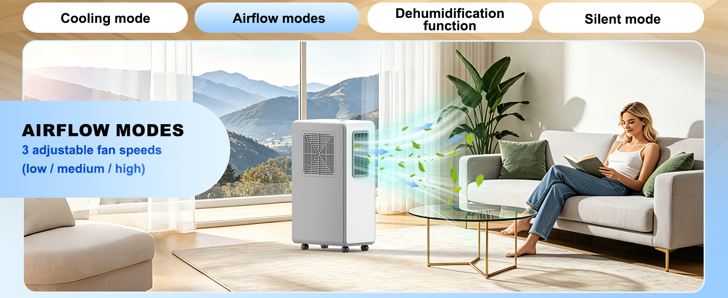 Text reads 'AIRFLOW MODES' with product application images showing room usage scenarios. Device displayed in living room and bedroom environments demonstrating air circulation functionality.