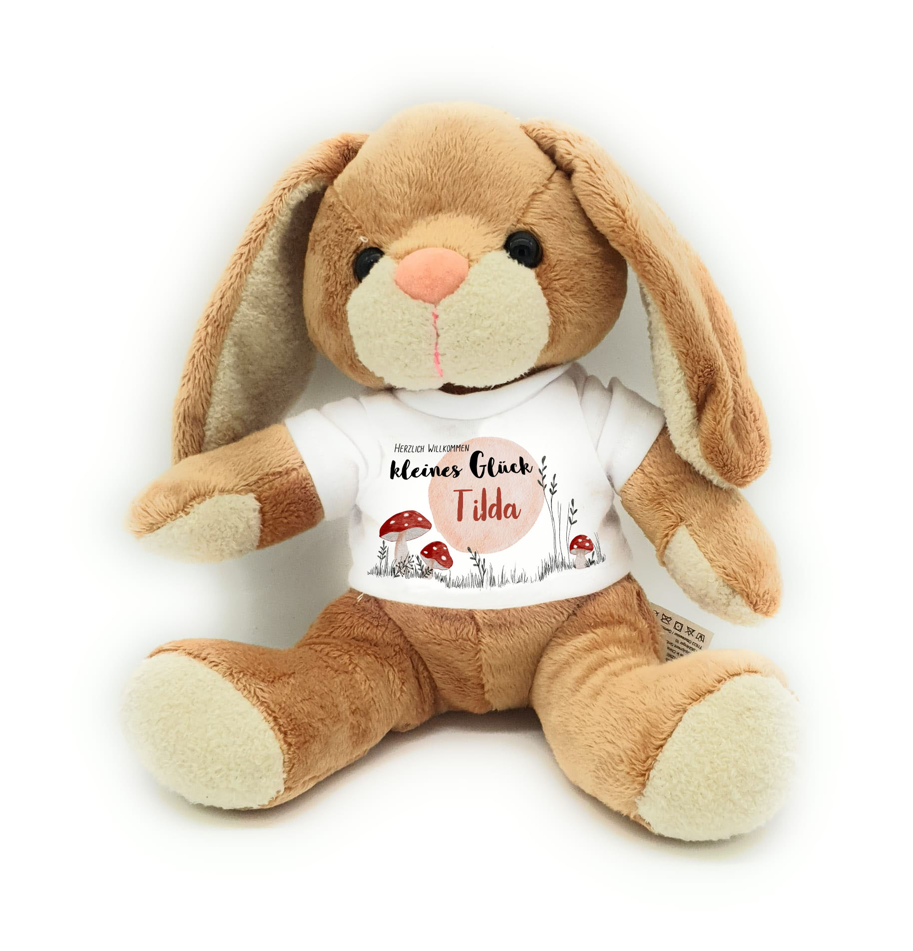 personalisierter Hase Kuscheltier mit Glückspilz zur Geburt