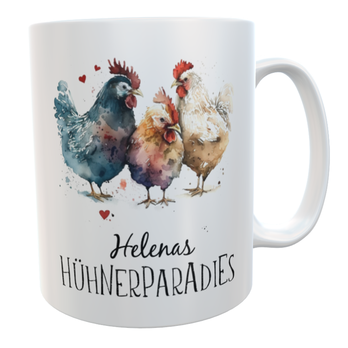 Kaffeetasse Hühnerparadies 3 Aquarell mit Namen weiß
