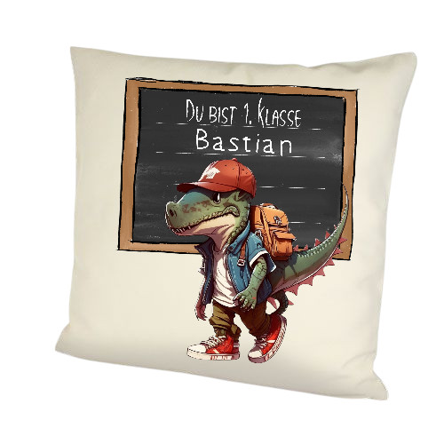 Einschulungskissen „Du bist 1. Klasse“ – Dino-Motiv – personalisierbar mit Name