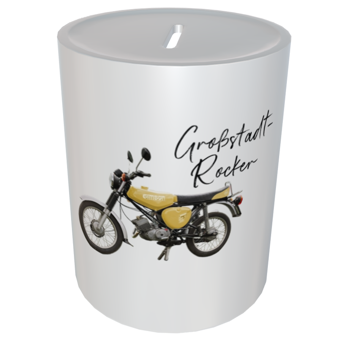 Personalisierte Moped-Spardose - Großstadt-Rocker - gelb