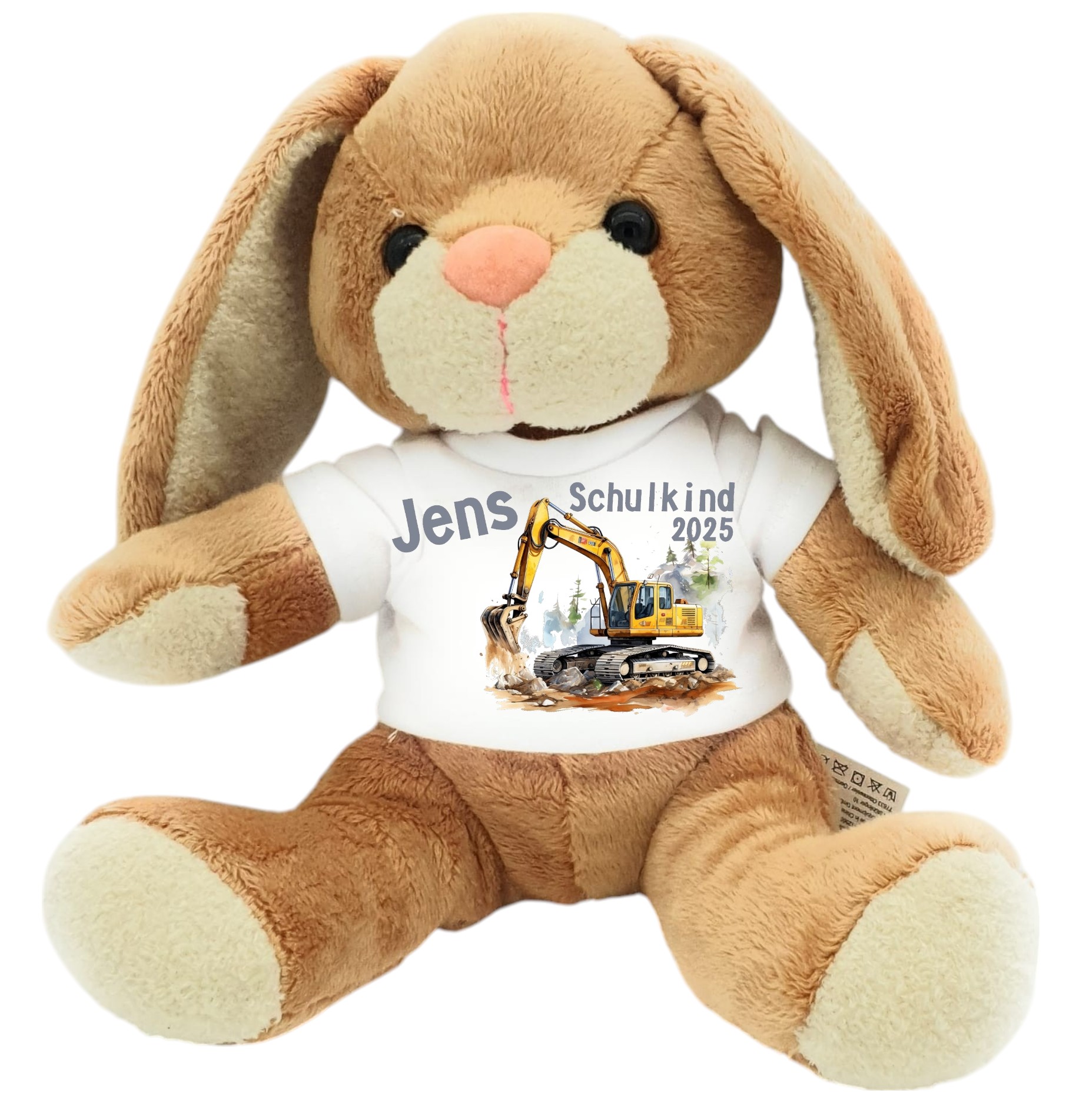 Einschulung Kuschelhase mit Bagger – personalisiert mit Name & Jahr – 21 cm Microplüsch – Geschenk zur Schultüte für Erstklässler &amp