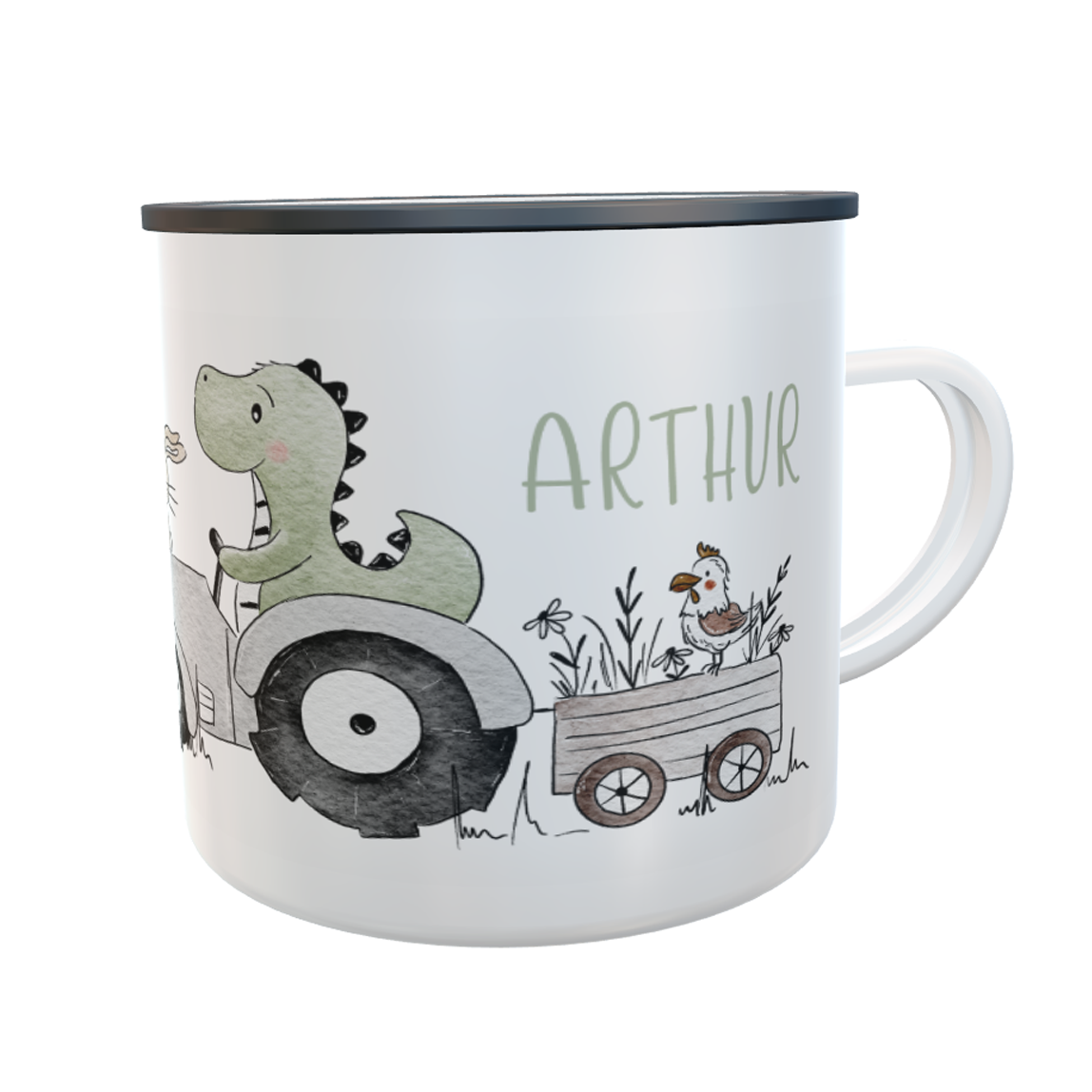 Emaille-Tasse Dino Traktor mit Namen