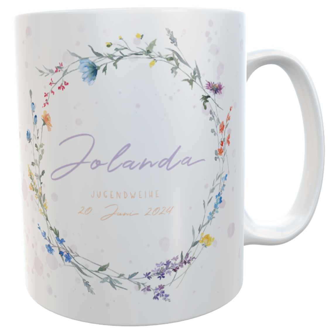 Jugendweihe-Kaffeetasse mit Wildblumenkranz/Tupfen weiß