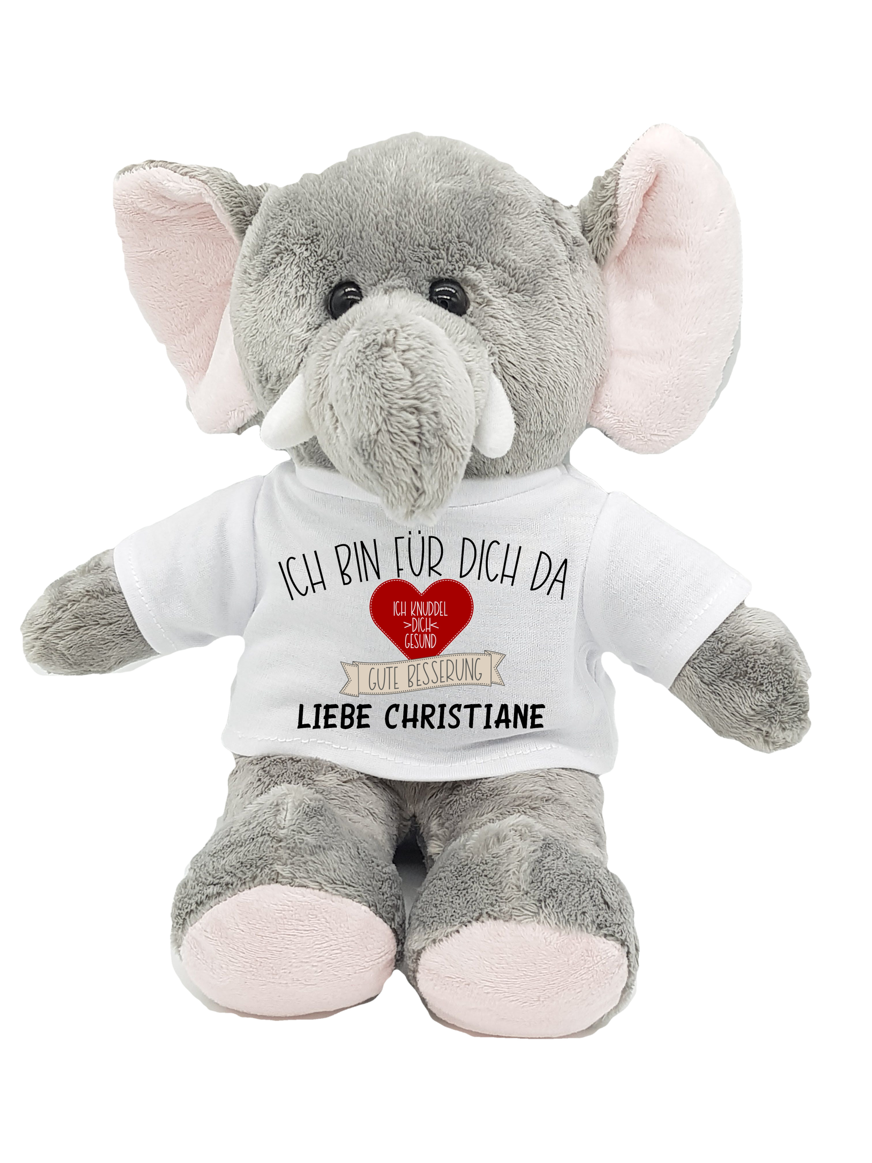 Gute Besserung Kuscheltier Elefant Herz mit Wunschname personalisiert