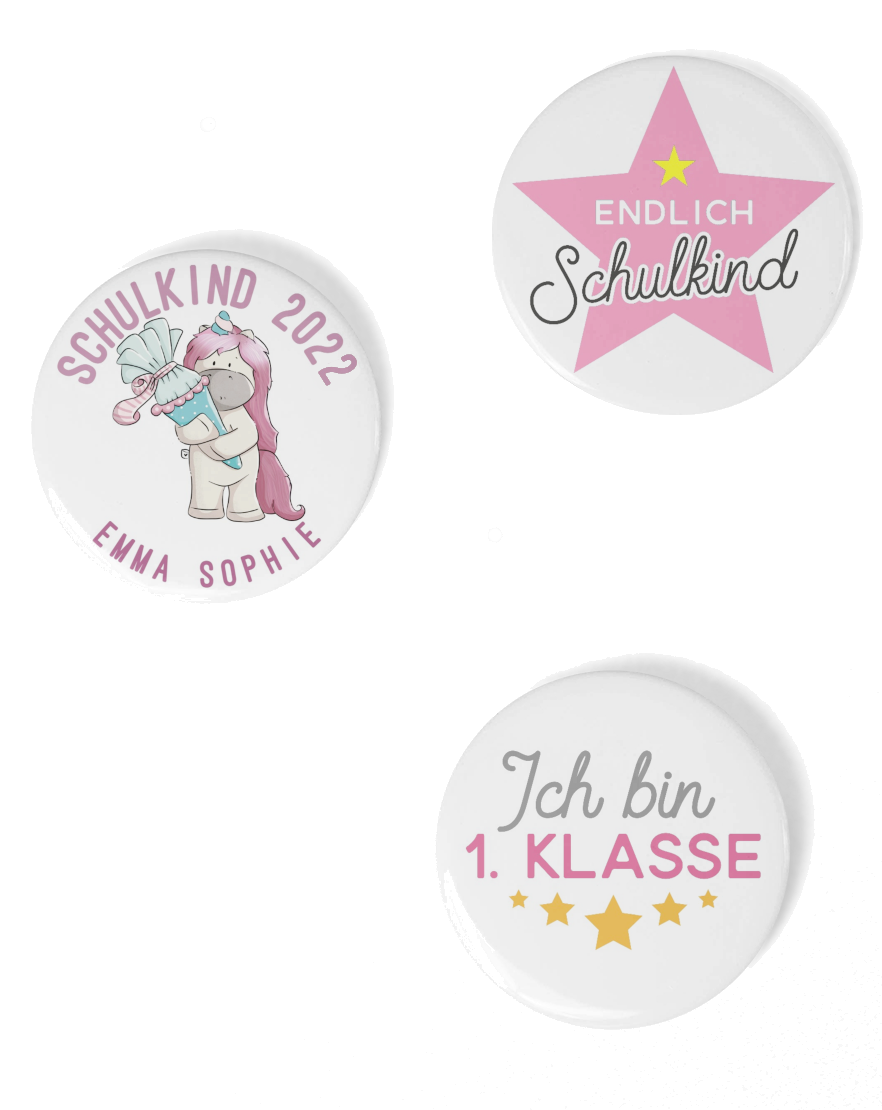 3er Set Schulkind 2025 Buttons Girls Einhorn 59mm Ansteck-Pin