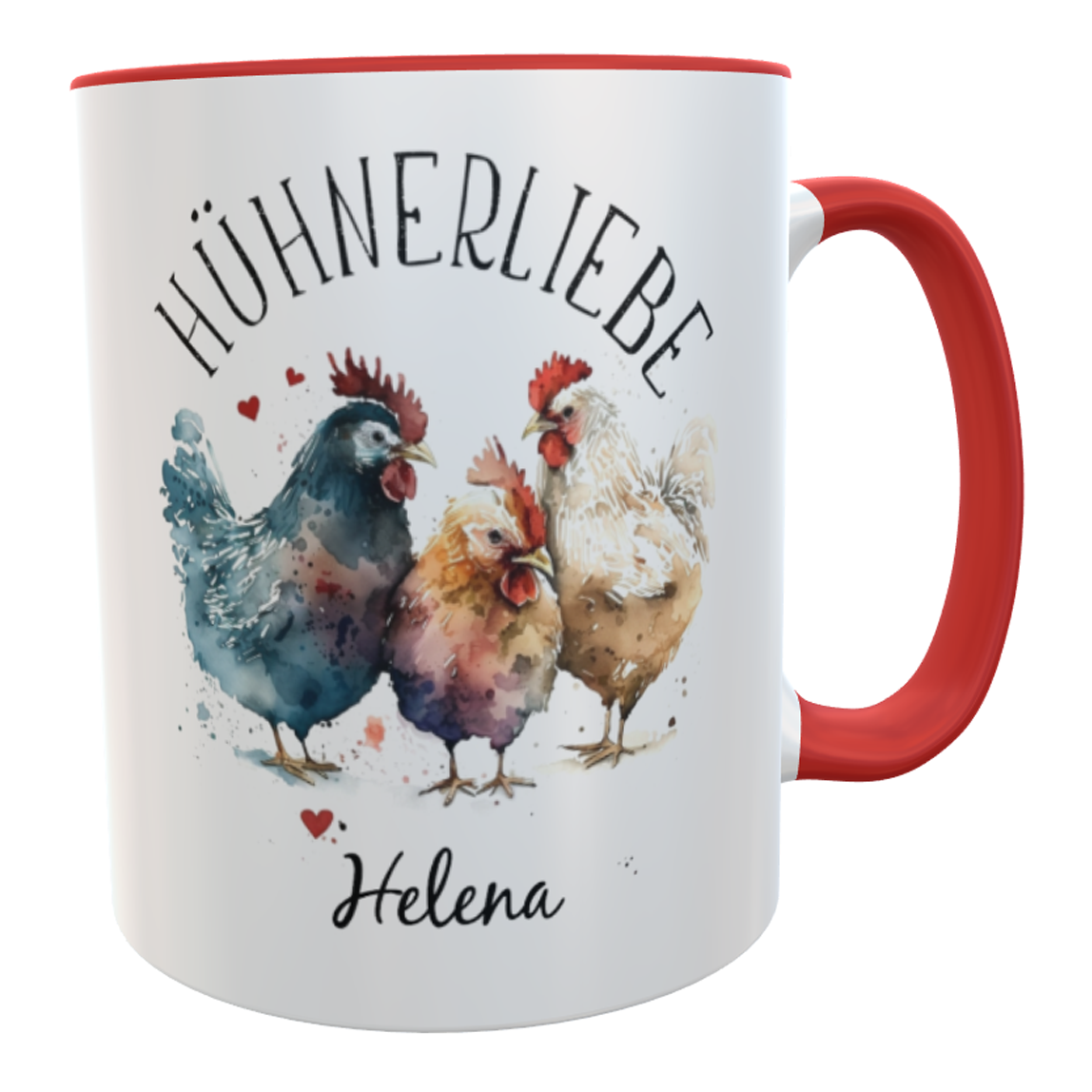 Kaffeetasse Hühnerliebe 3 Aquarell mit Namen rot