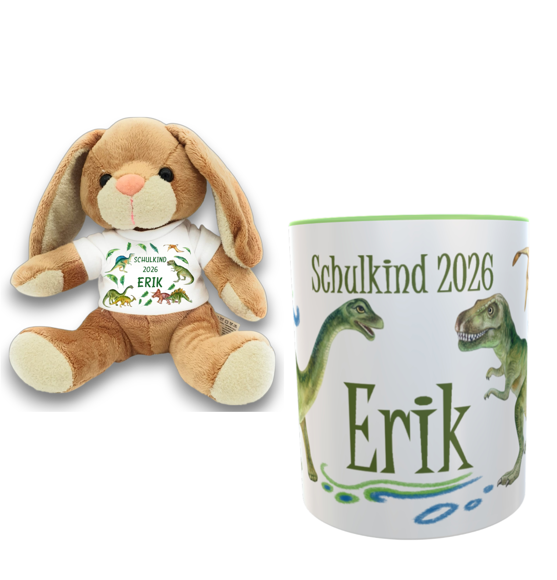 Geschenkset zur Einschulung Hase und Tasse Motiv Dino