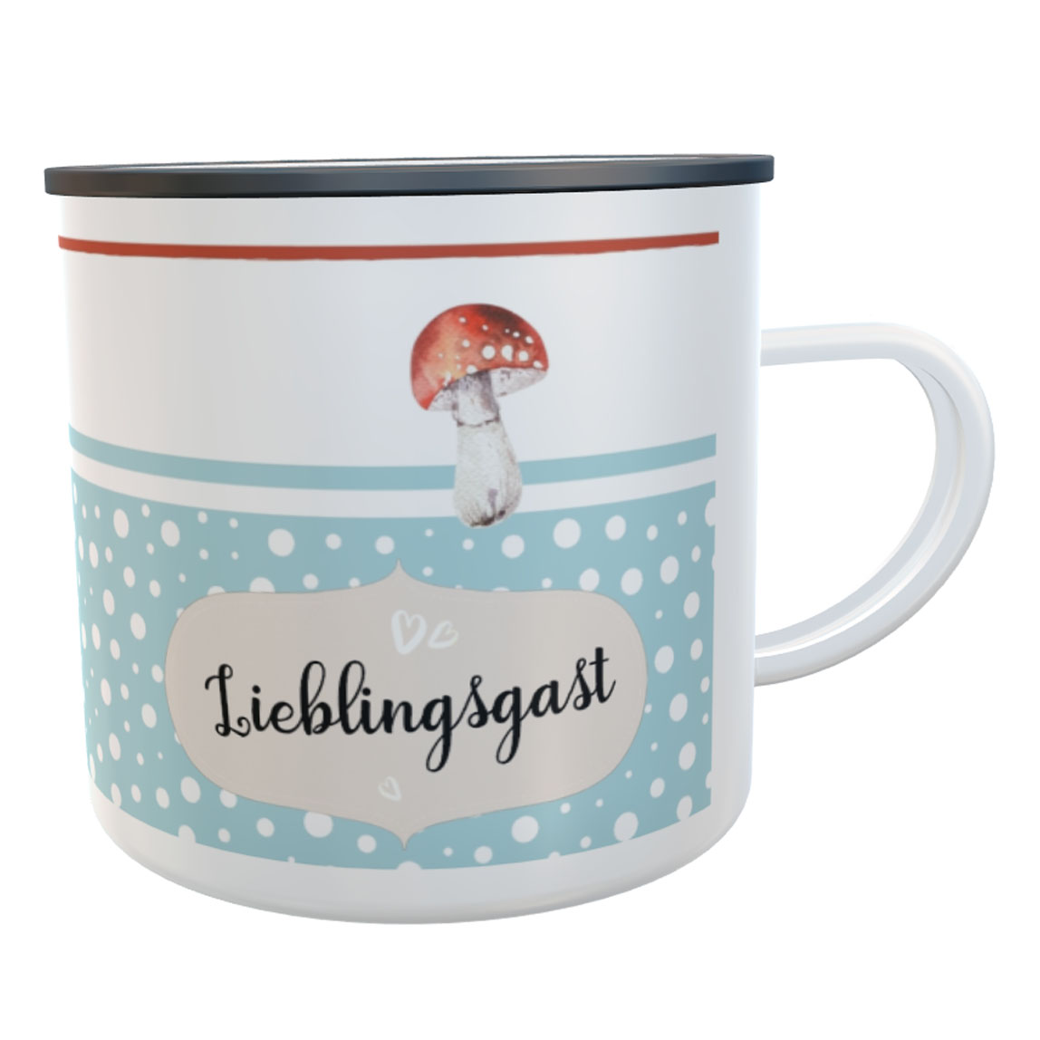 Emaille-Tasse Lieblingsgast türkis/rot