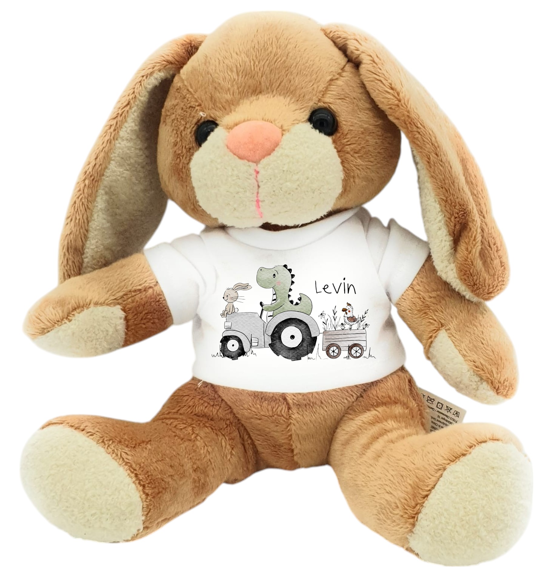 Personalisierter Kuschelhase – Flauschiges Stofftier – Motiv Traktor mit Dino