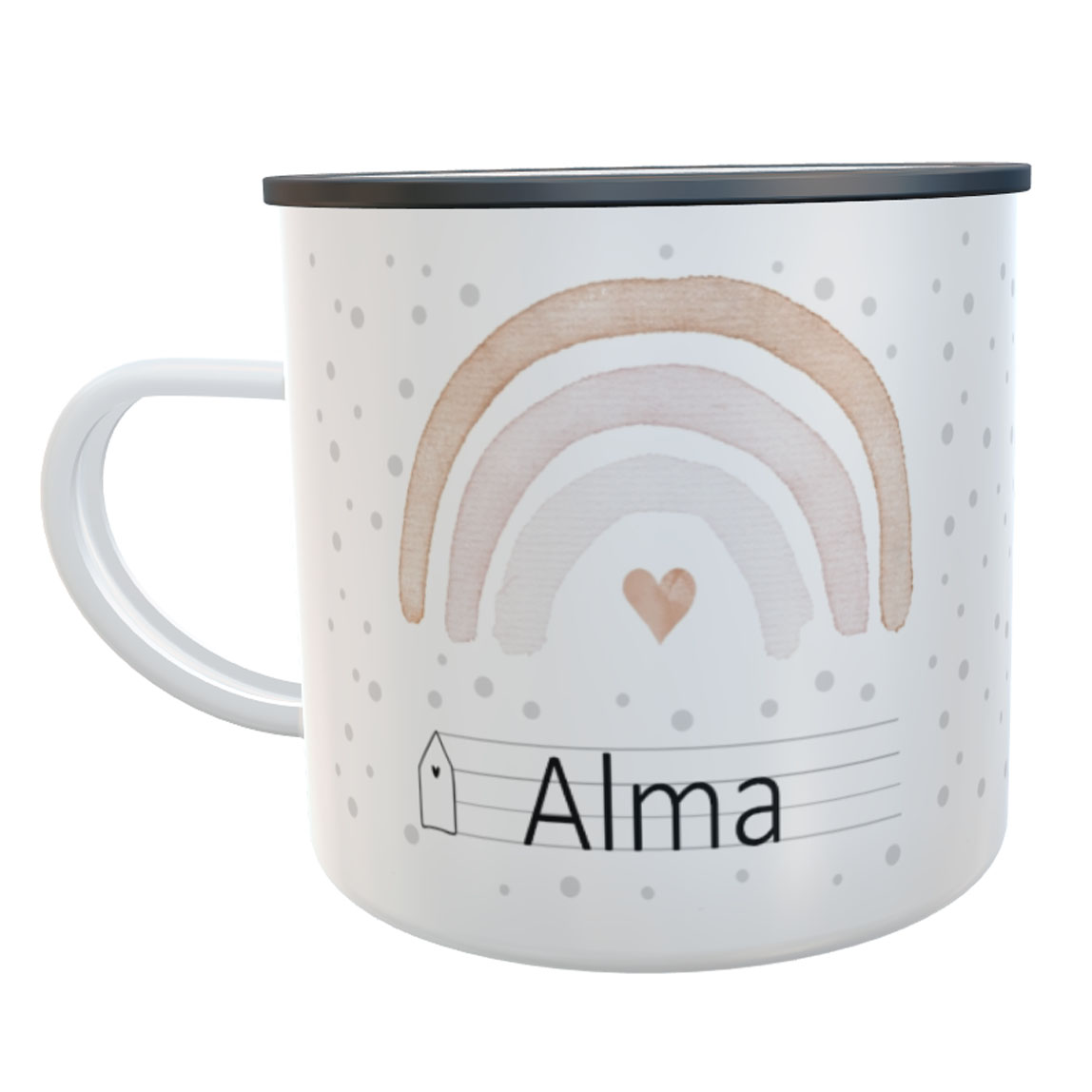 Schulkind-Emaille-Tasse Regenbogen Mädchen Tupfen mit Namen Schulkind 2026 Kindertasse Geschenk zur Einschulung