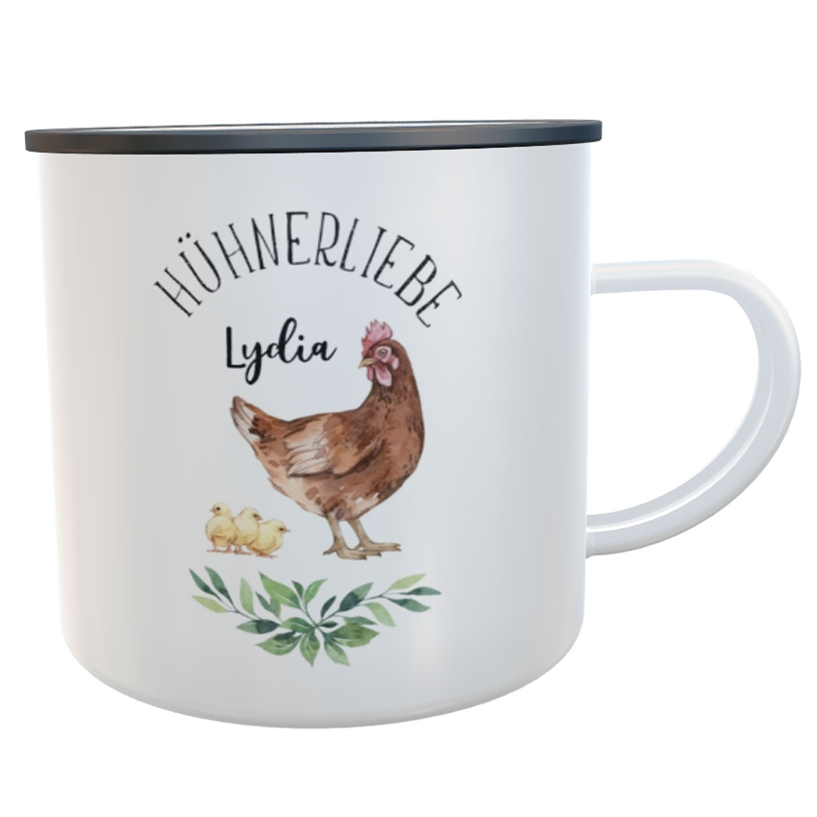 Emaille-Tasse Hühnerliebe Aquarell mit Namen