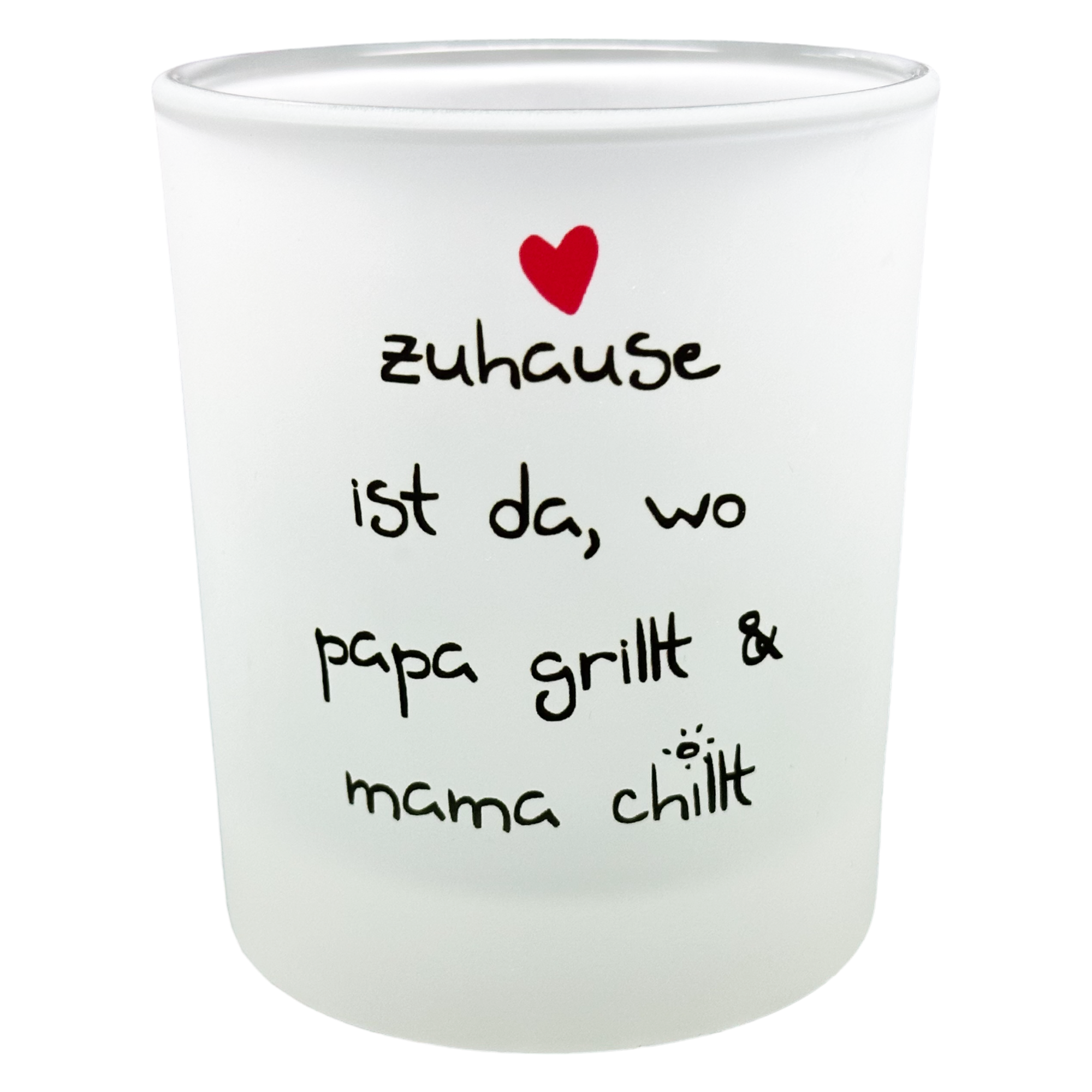 Teelichtglas Zuhause ist, wo Papa grillt & Mama chillt - Herz Motiv, Geschenk zum Muttertag & Vatertag