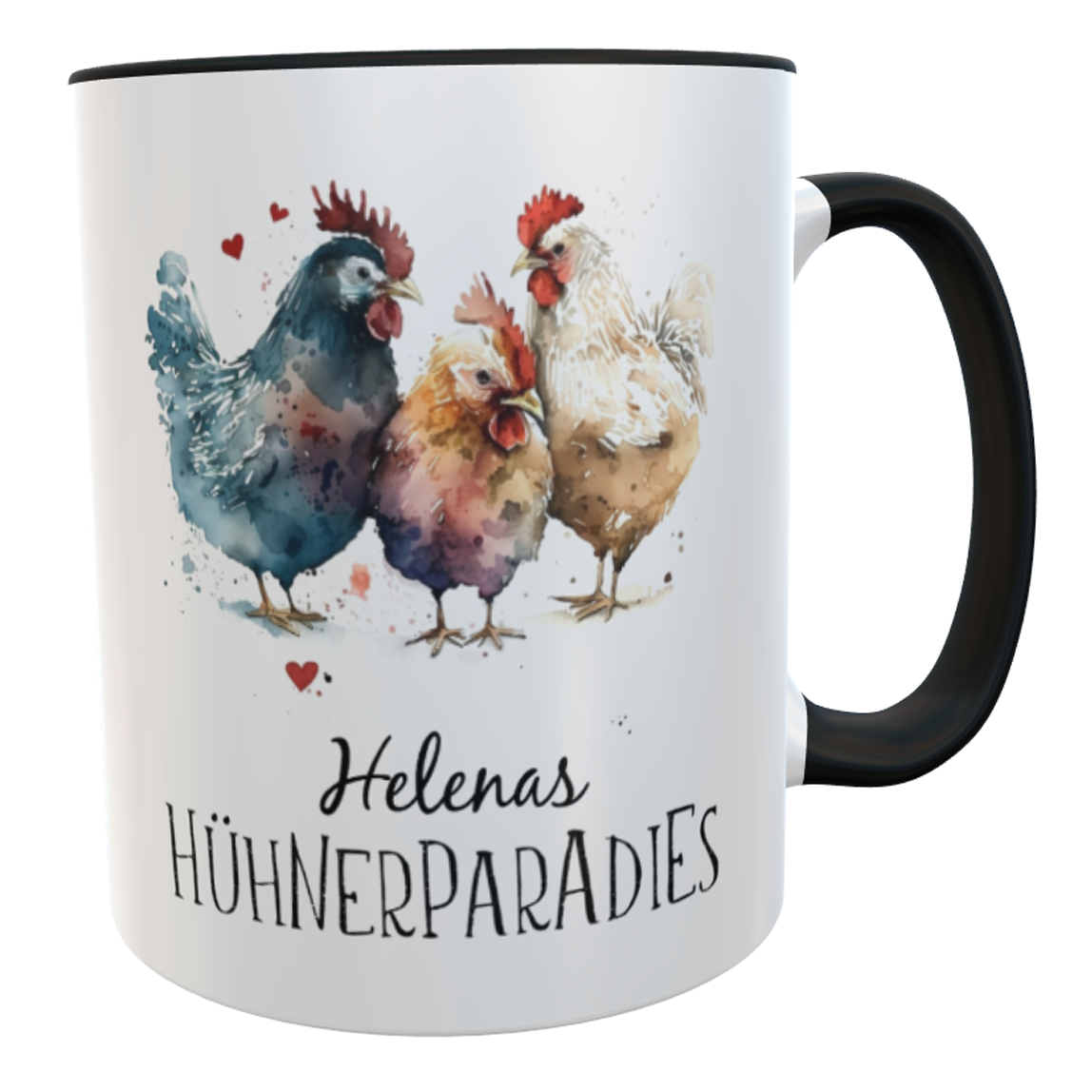 Kaffeetasse Hühnerparadies 3 schwarz Aquarell mit Namen