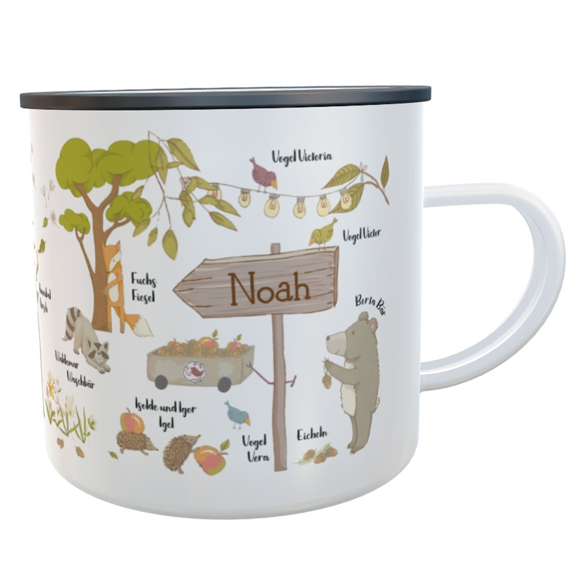 Emaille-Tasse Waldtiere mit Namen