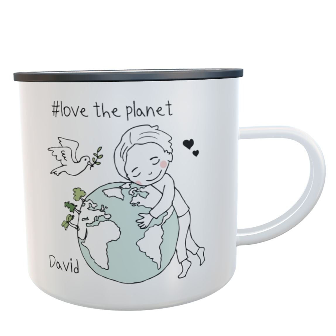 Emaille-Tasse love the planet Friedenstaube Junge mit Namen
