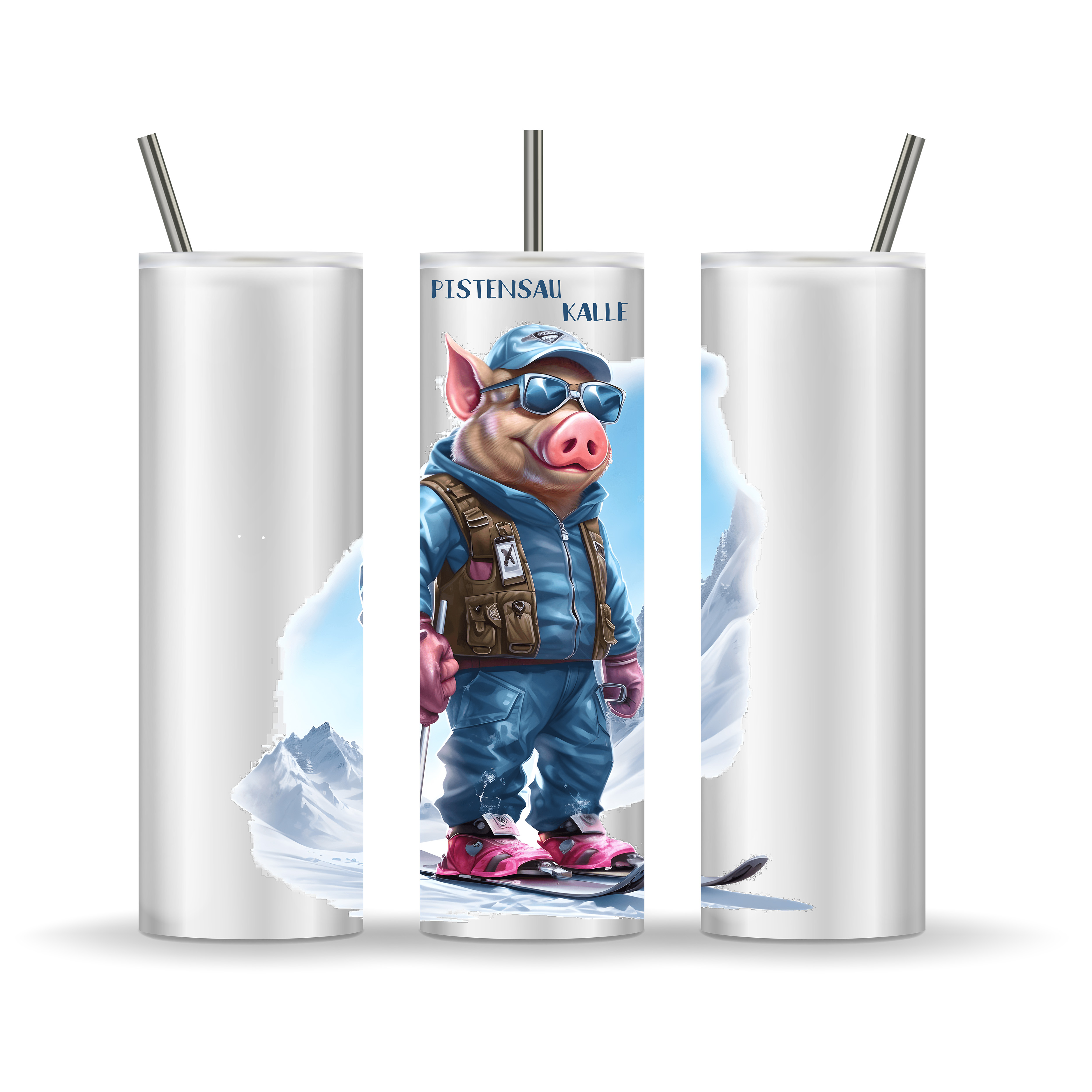 Witziger Edelstahl Tumbler, Pistensau mit Wunschname, Trinkhalm Inkl