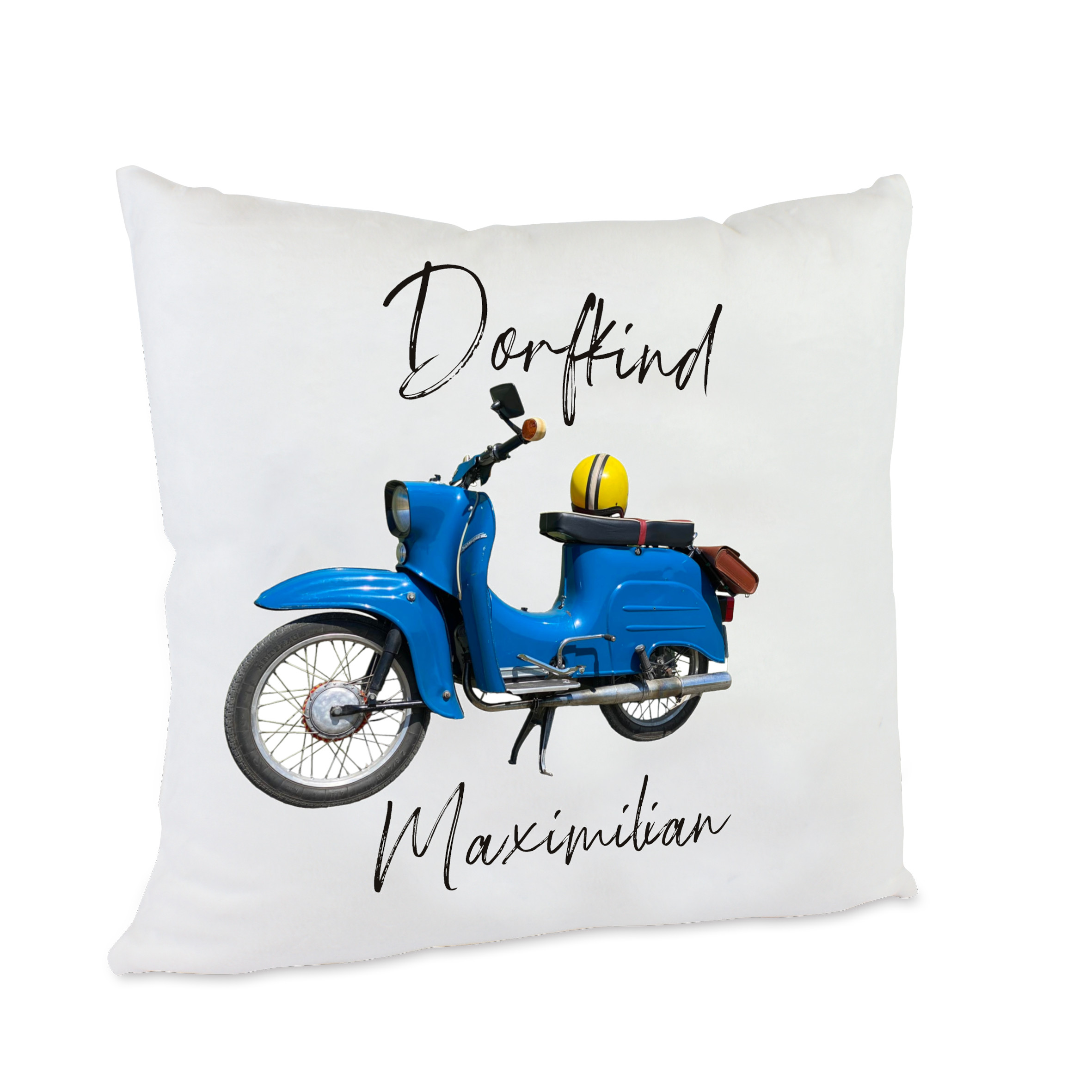 personalisiertes Dorfkind-Kissen mit blauem DDR Kult-Moped Simson Schwalbe