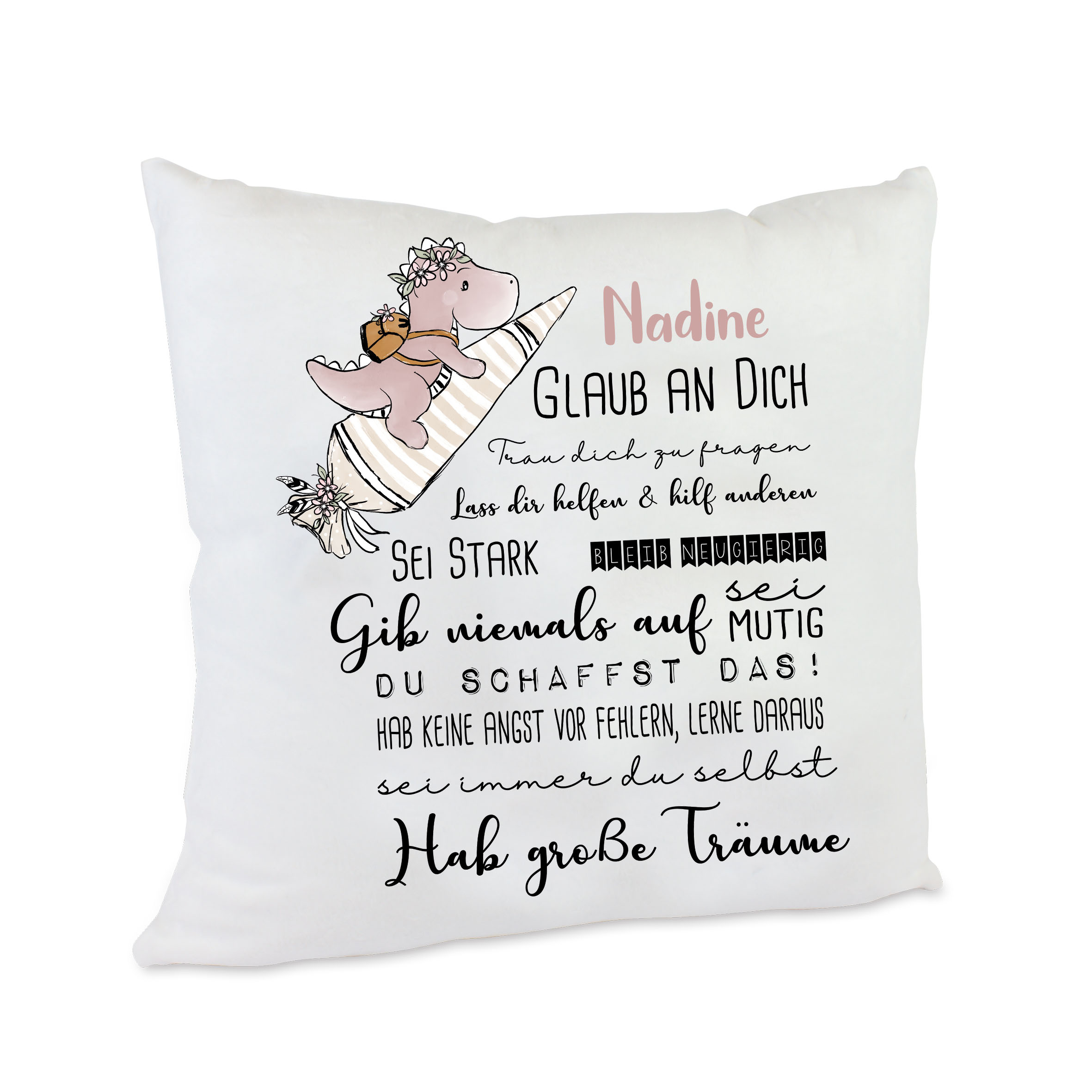 personalisiertes Kissen zur Einschulung Dino Mädchen