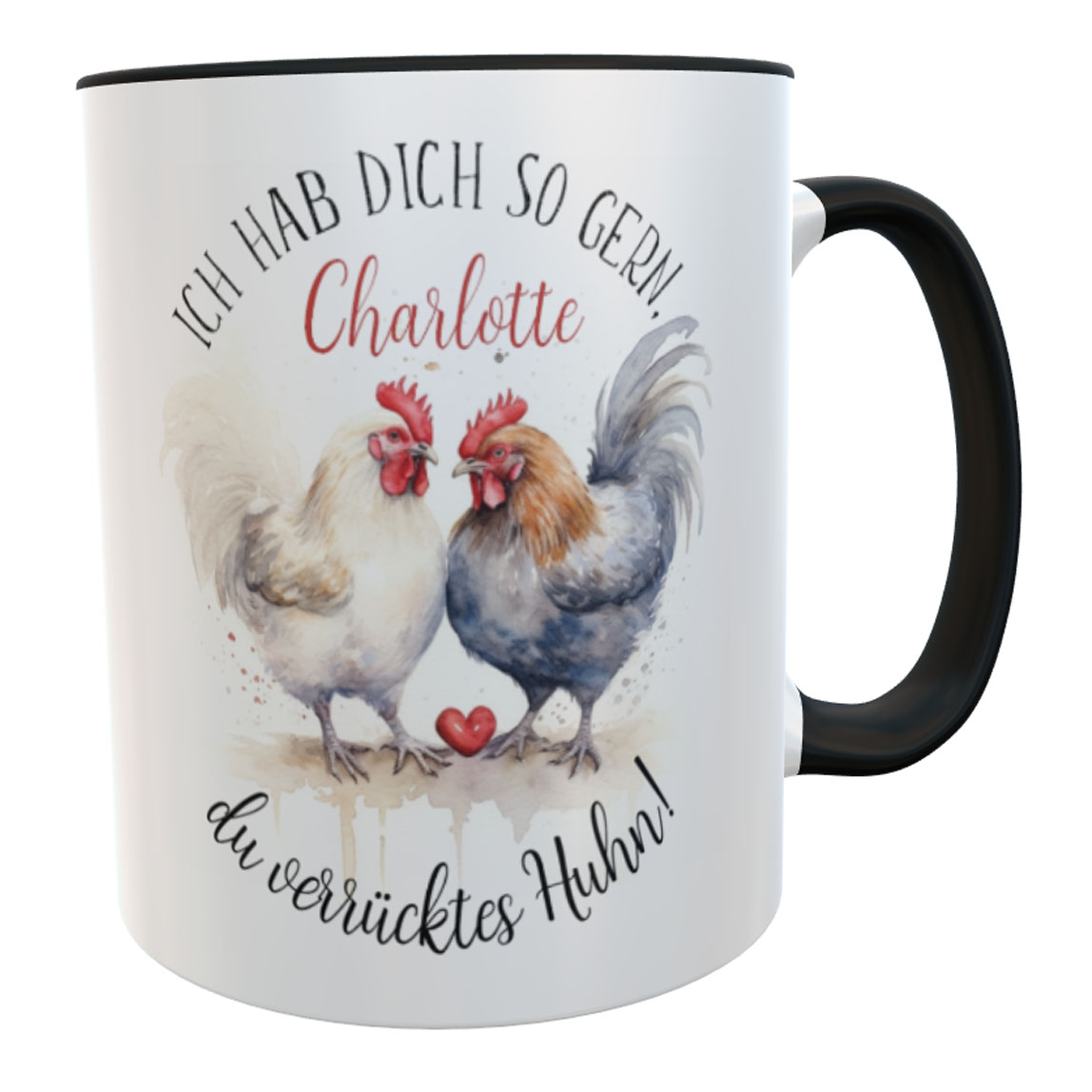 Kaffeetasse verrücktes Huhn mit Namen schwarz